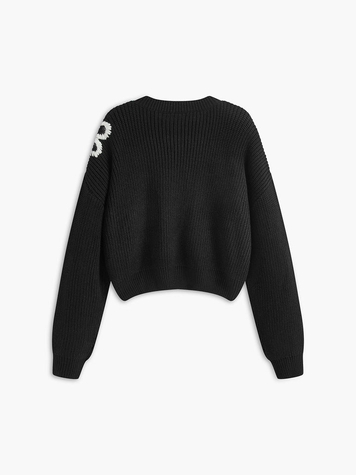 Yuvarlak Yakalı Yivli Çiçekli Örgü Üst