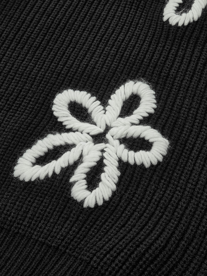 Yuvarlak Yakalı Yivli Çiçekli Örgü Üst