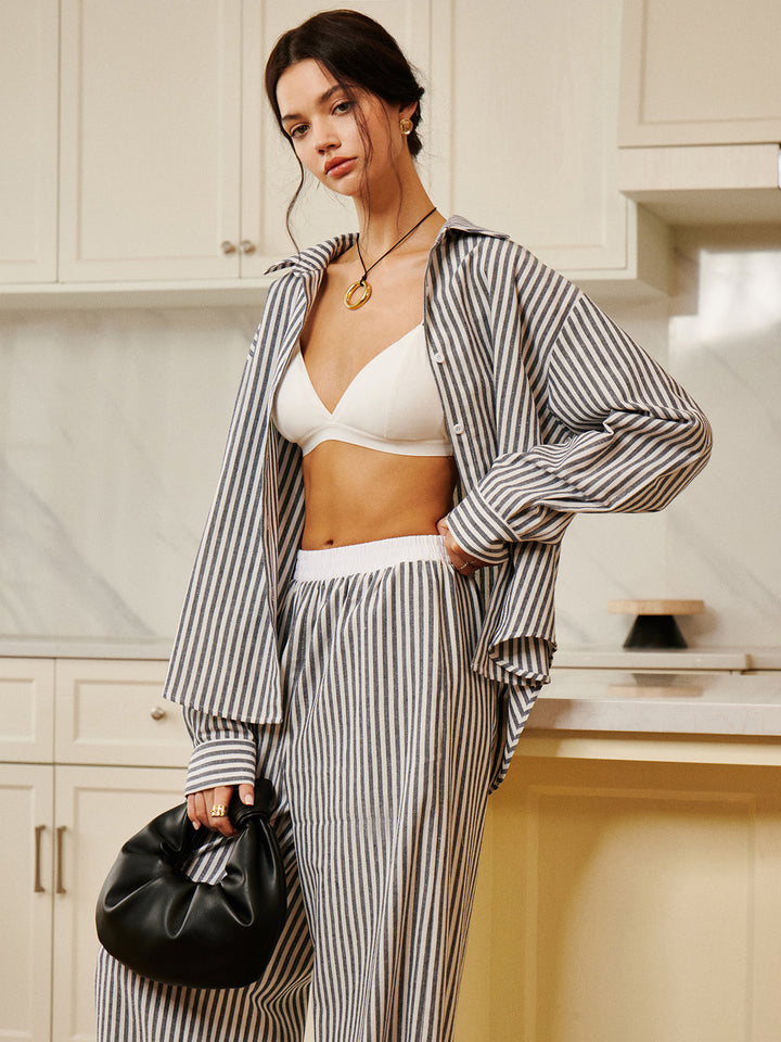 Pamuk Ve Keten Çizgili Bol Gömlek