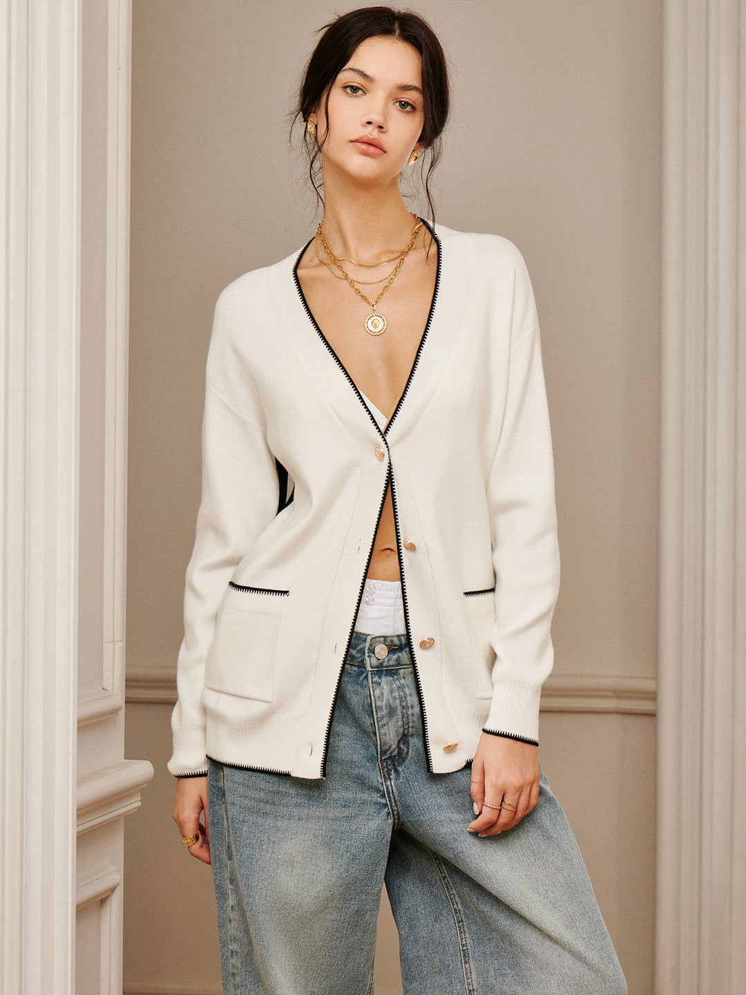 Günlük Kontrast Kesim Örme Dış Giyim