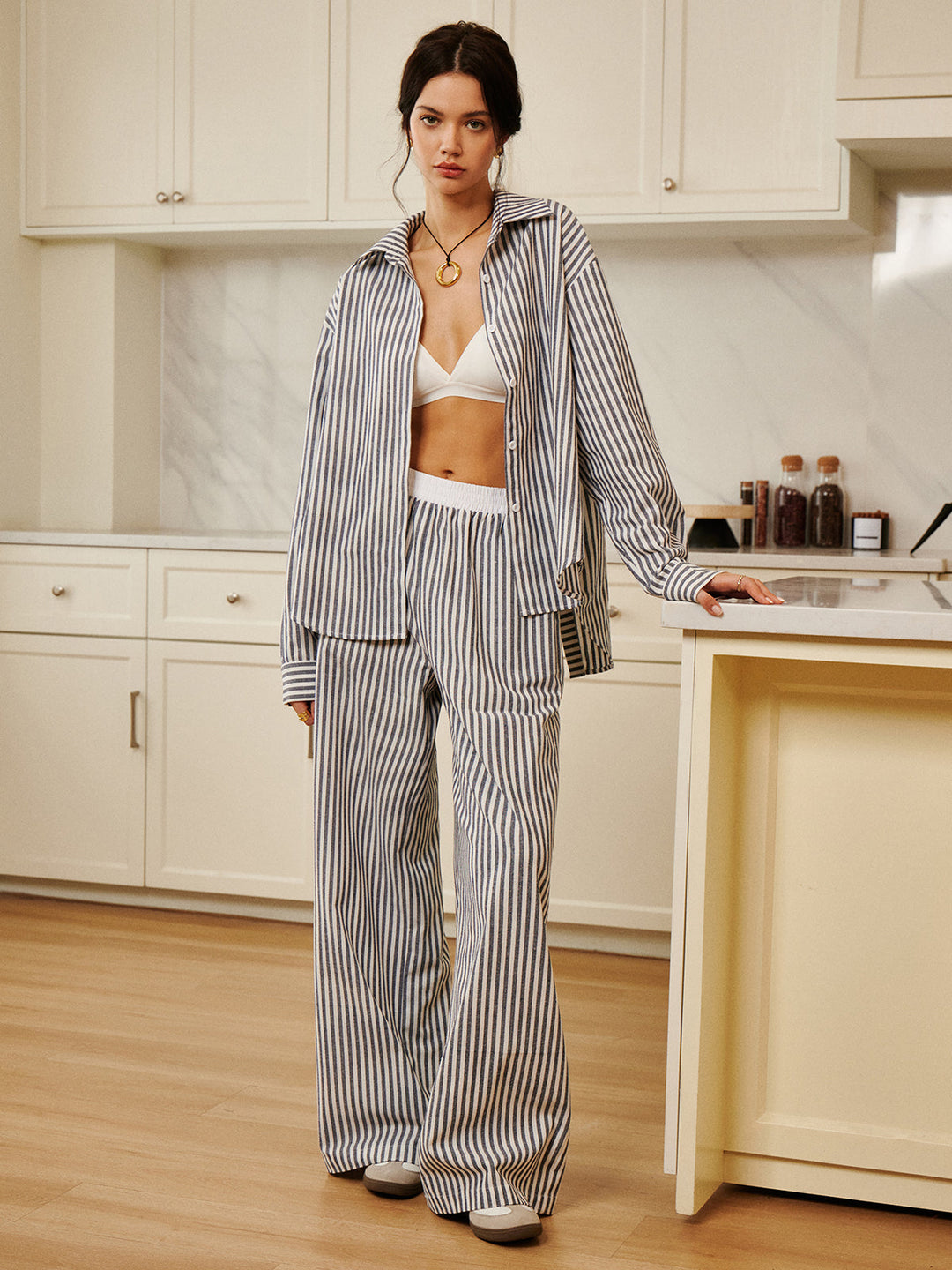 Pamuk Ve Keten Çizgili Bol Gömlek