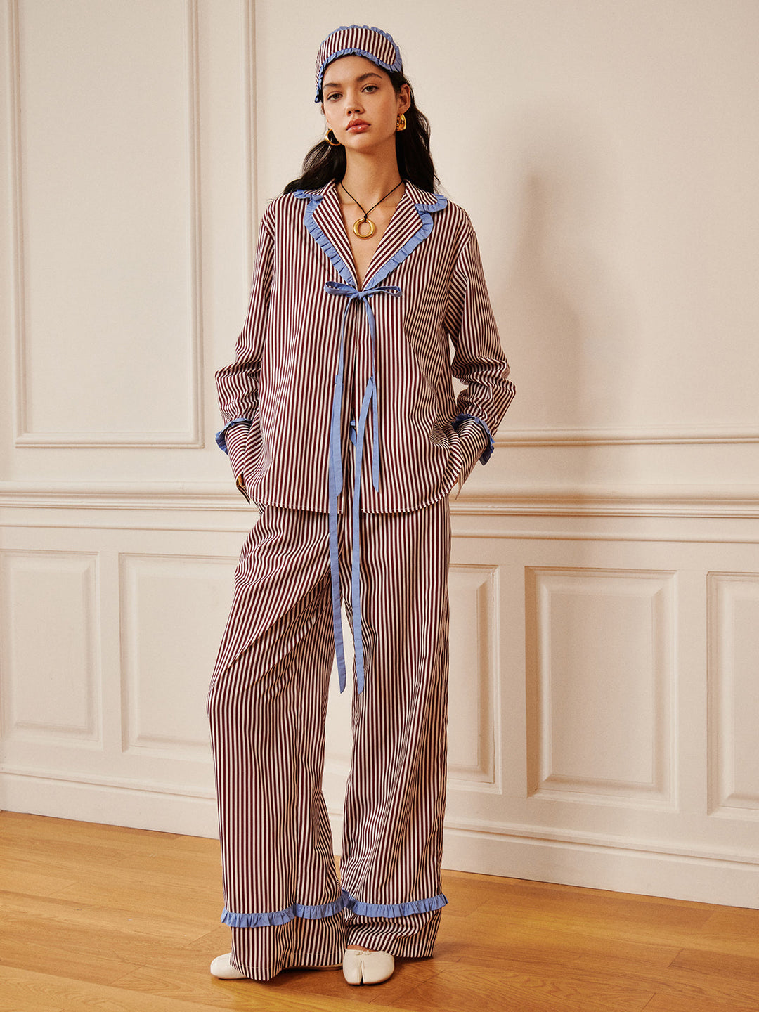 Pinstripe Volanlı Ön Bağlamalı Gömlek