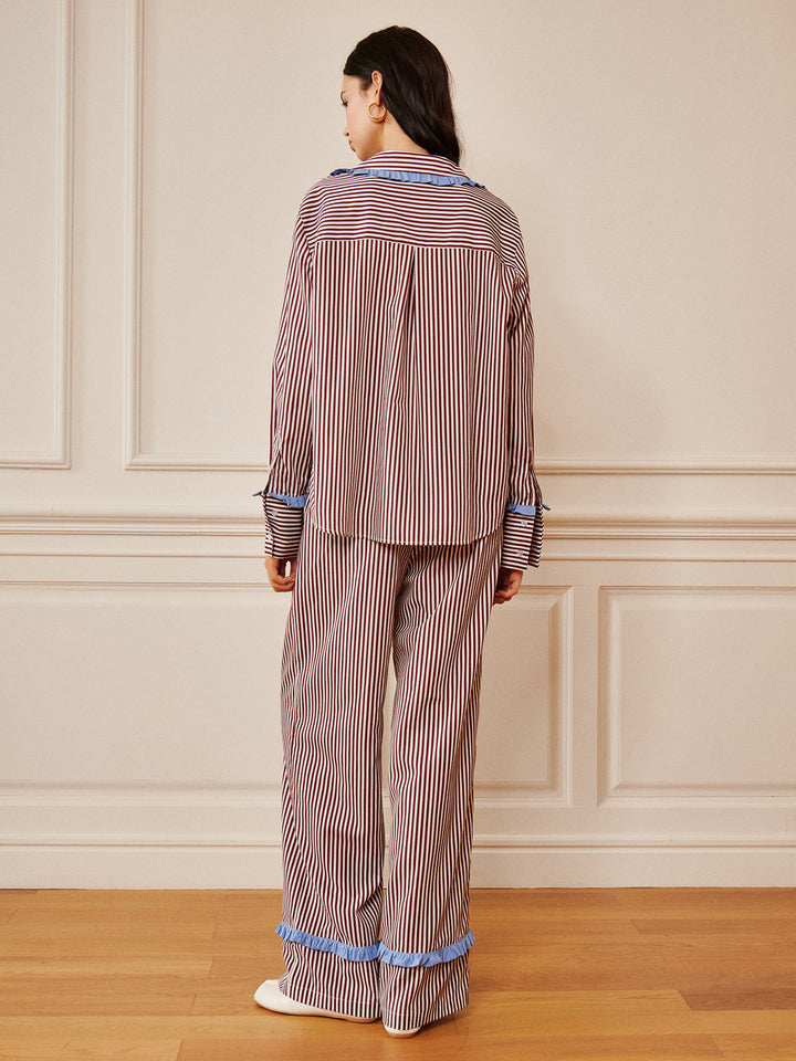 Pinstripe Volanlı Ön Bağlamalı Gömlek