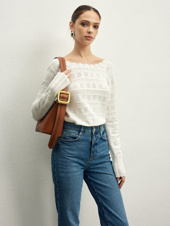 Marul Kenarlı Sırtı Açık Pointelle Örgü Üst