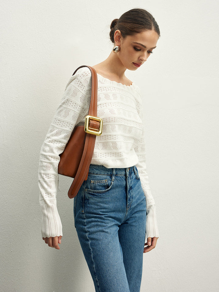 Marul Kenarlı Sırtı Açık Pointelle Örgü Üst