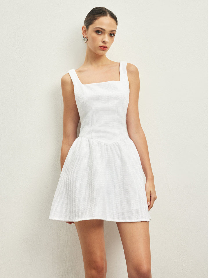 Tweed Sırtı Açık Fiyonk Kısa Elbise