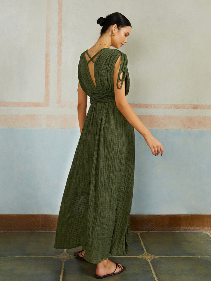 Günlük Pileli Kemerli Uzun Elbise