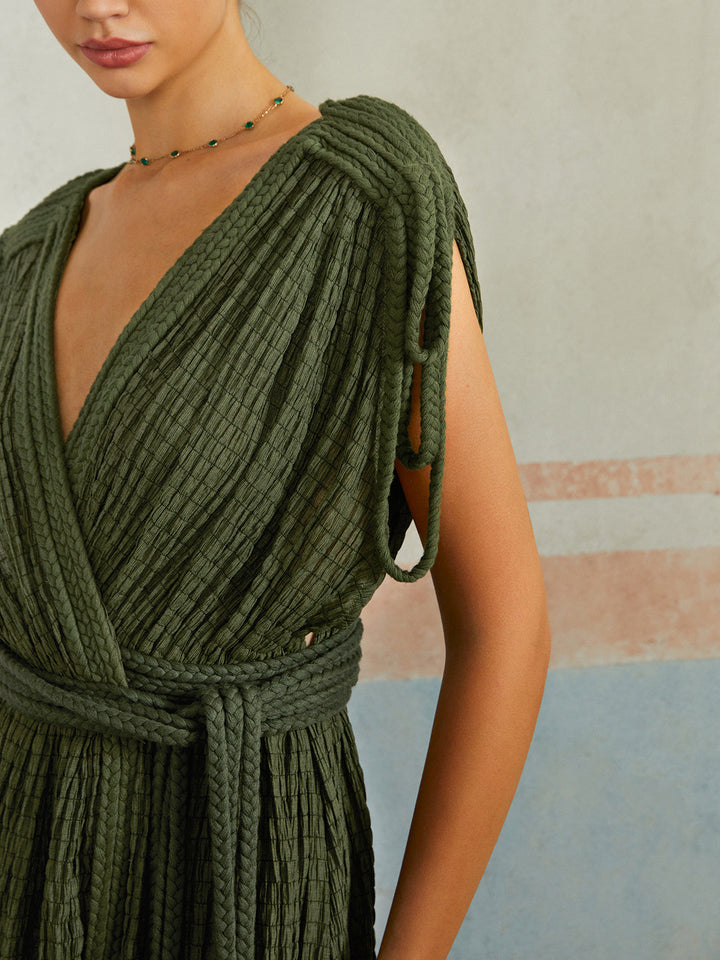 Günlük Pileli Kemerli Uzun Elbise