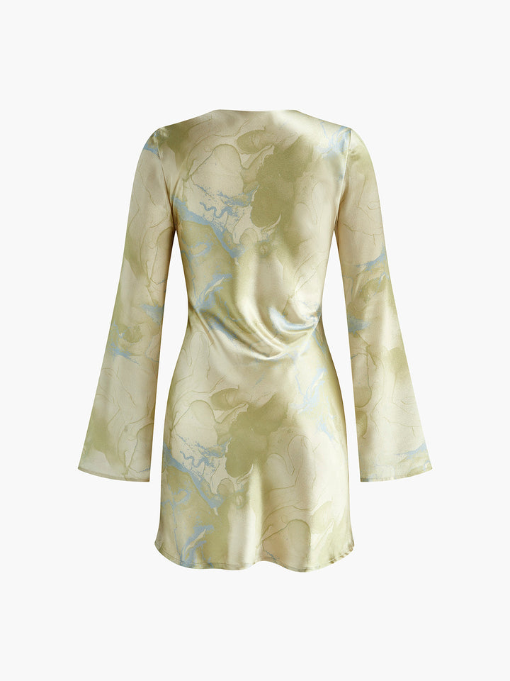 Baskılı Ön Bağcıklı Uzun Kollu Elbise