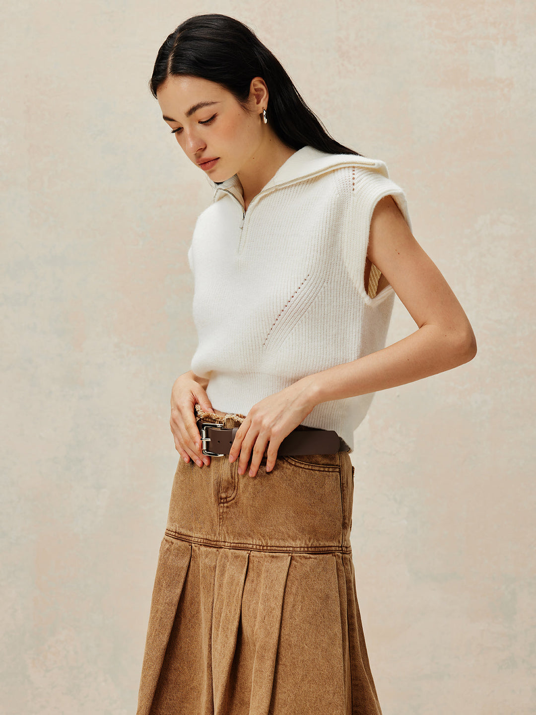 Kaburga Yaka Fermuarlı Kazak Yelek