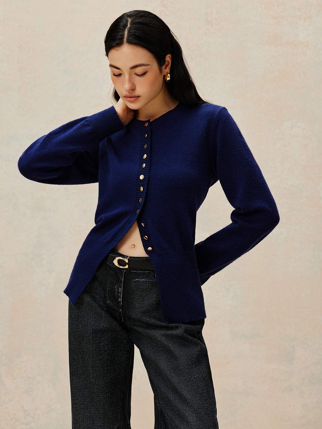 Yuvarlak Yaka Göğüslü Jersey Kardigan