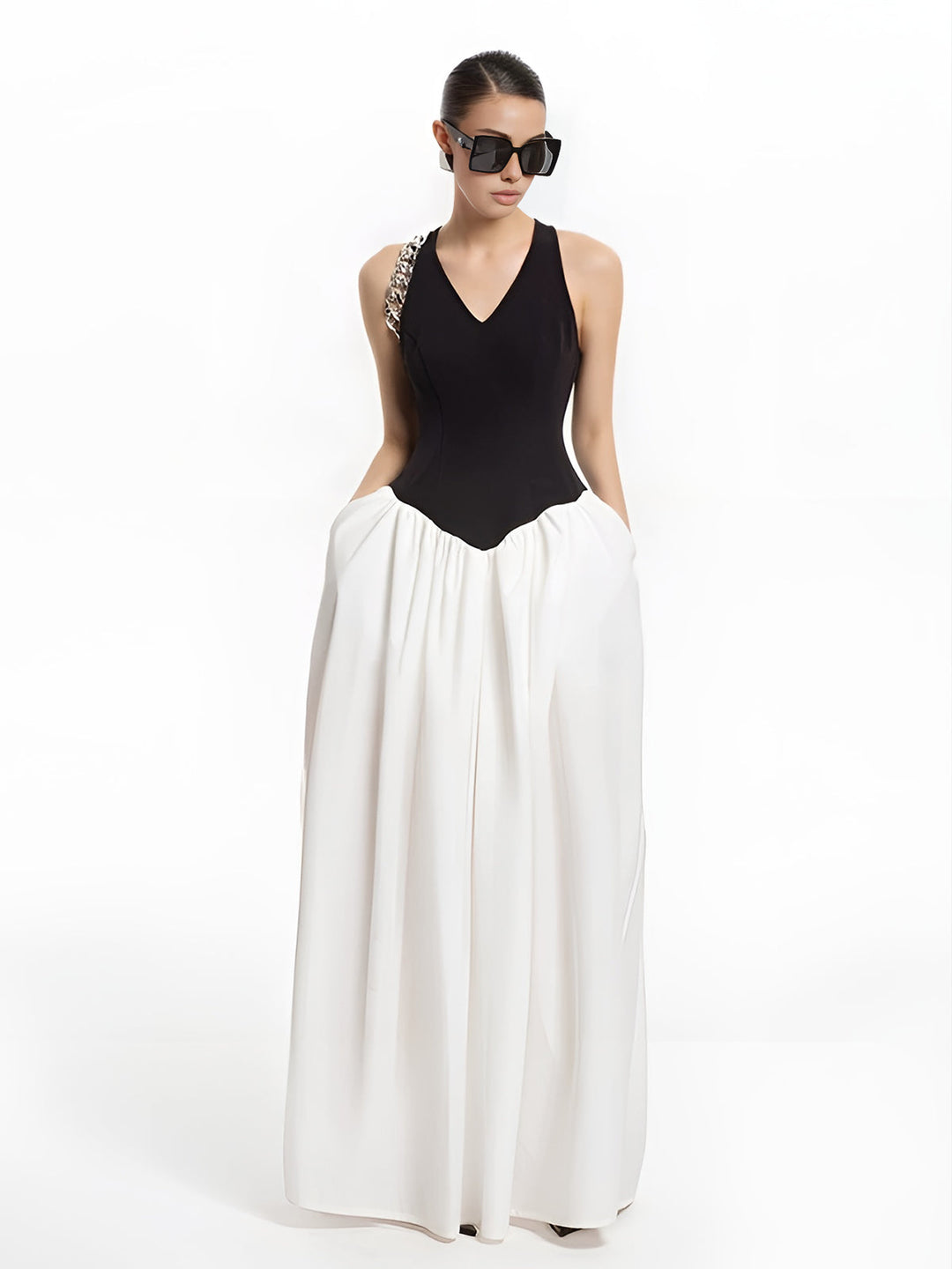 Yarı Şeffaf Renk Blok Panel Cepli Elbise