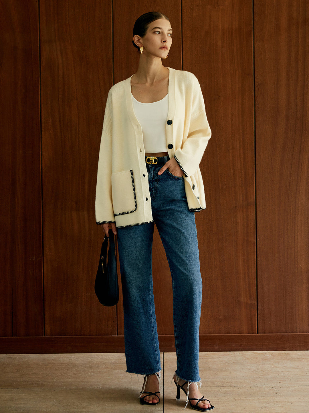 Kontrast Trim Cepli Kardigan