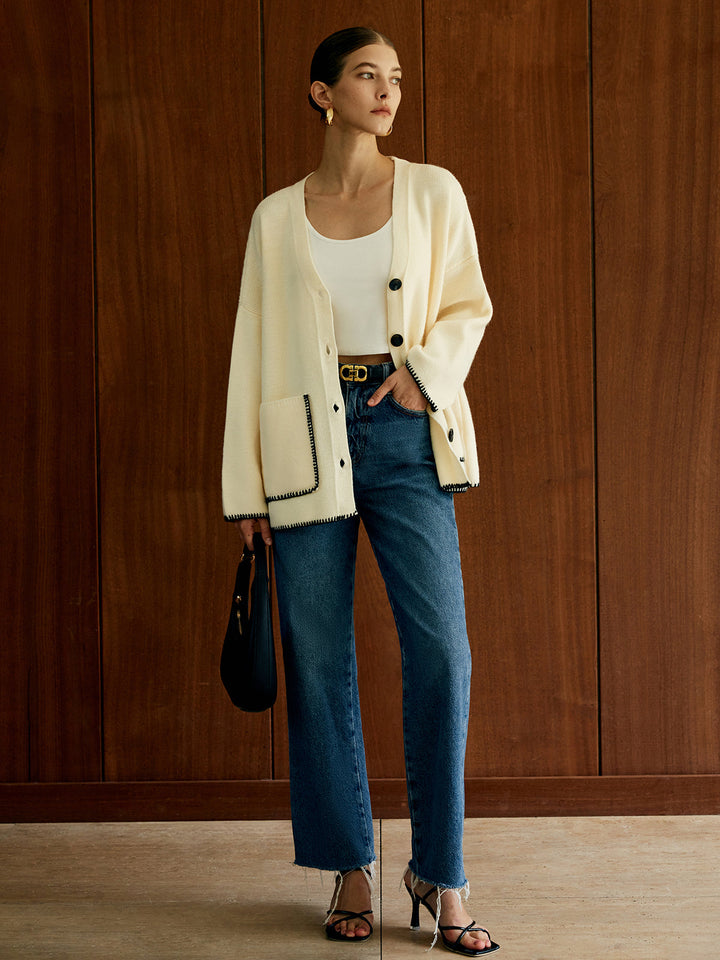 Kontrast Trim Cepli Kardigan