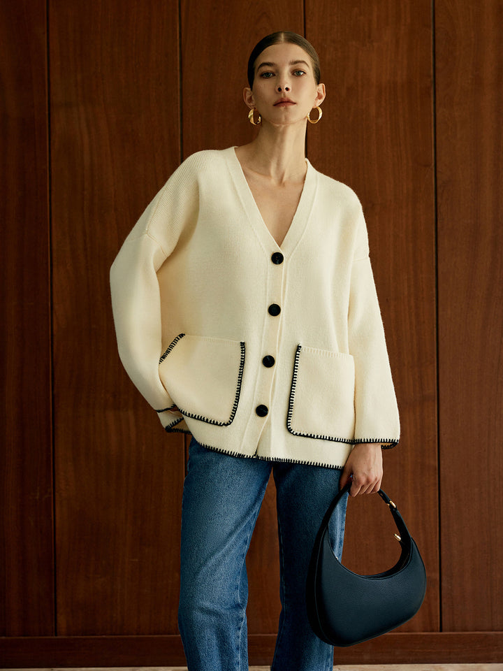 Kontrast Trim Cepli Kardigan