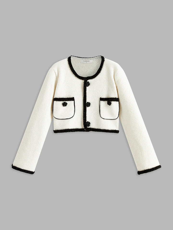 Kontrast Kenarlı Çiçek Dekorlu Hırka