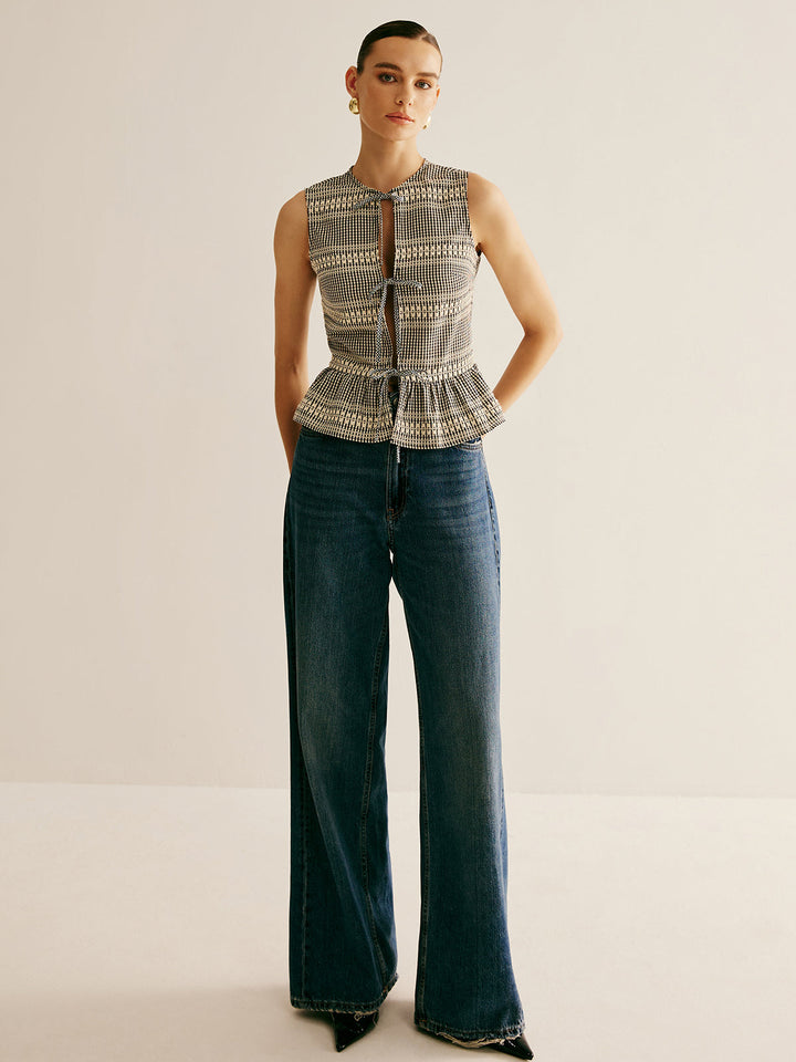 Ekose Ön Bağcıklı Volanlı Tank Top