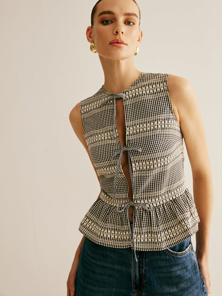 Ekose Ön Bağcıklı Volanlı Tank Top