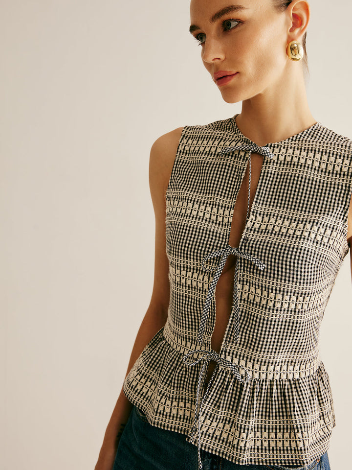 Ekose Ön Bağcıklı Volanlı Tank Top