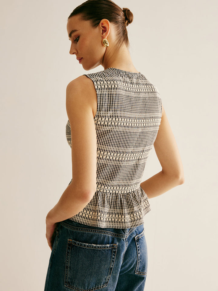 Ekose Ön Bağcıklı Volanlı Tank Top