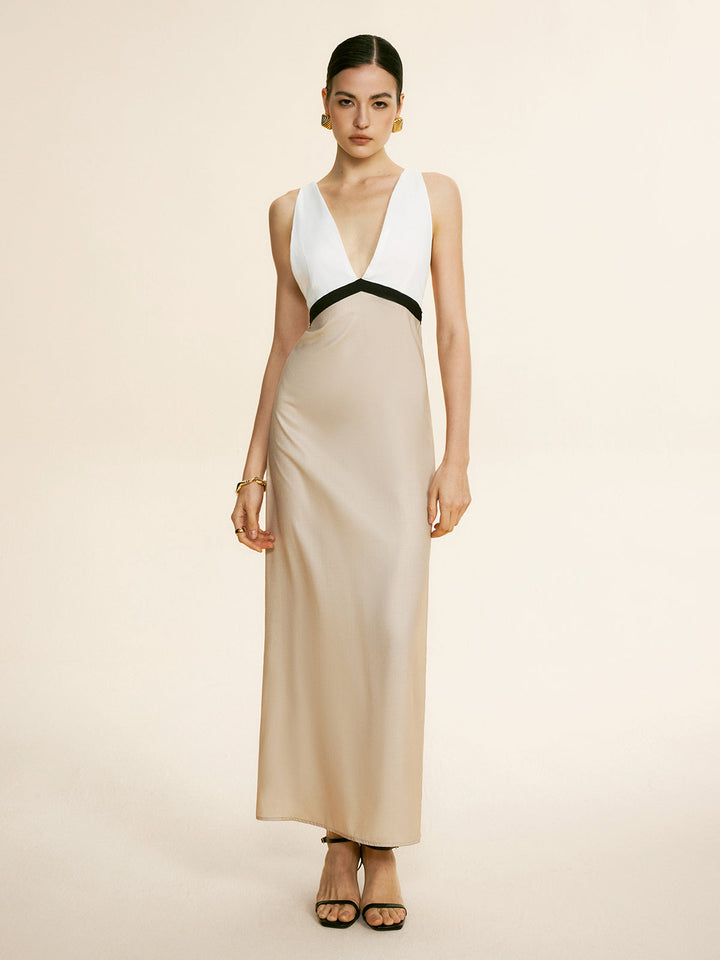 Kontrast Bağlama Detaylı Maxi Elbise