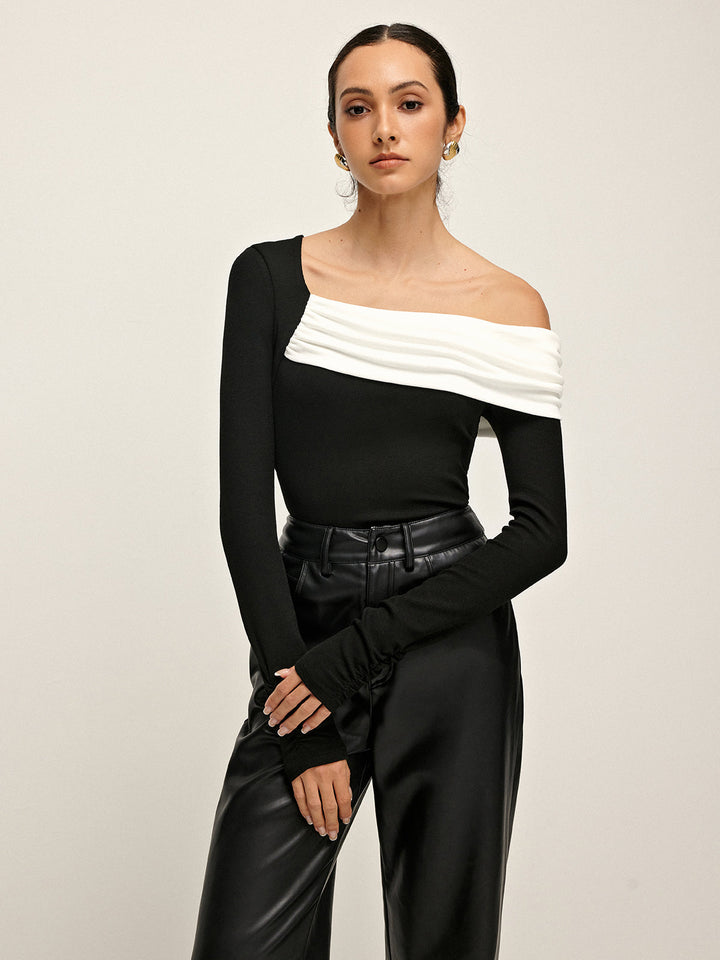 Soğuk Omuz Patchwork Pliseli Tişört