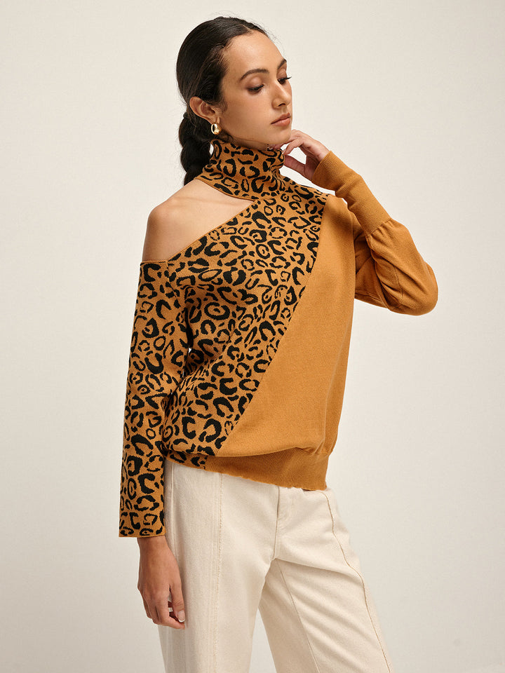 Turtleneck Kesik Leopar Patchwork Örgü Üst