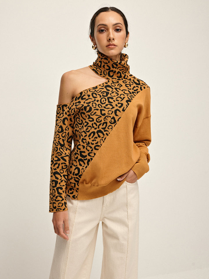 Turtleneck Kesik Leopar Patchwork Örgü Üst