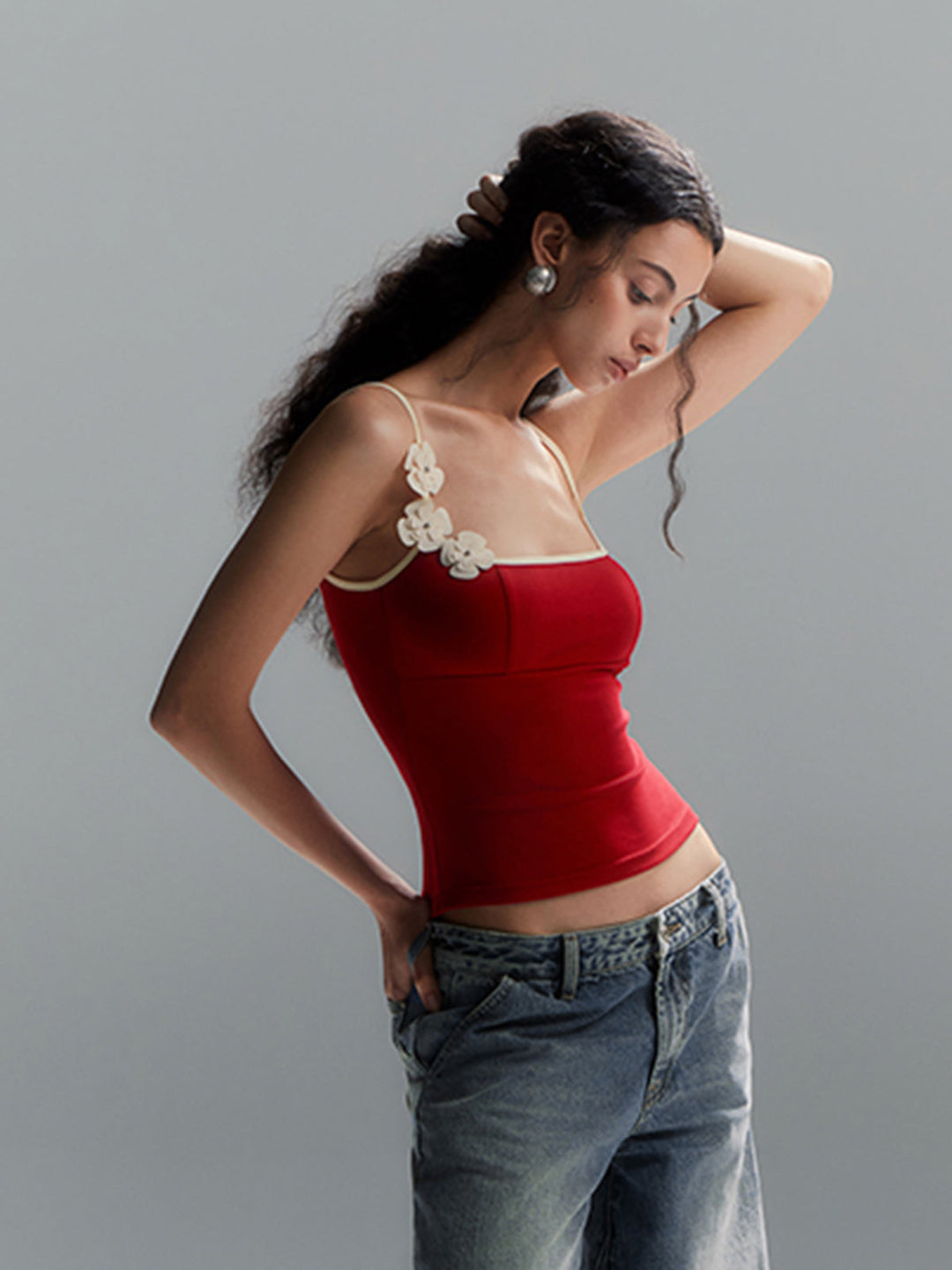 Çiçek Kontrast Trim Dar Kesim Atlet Üst