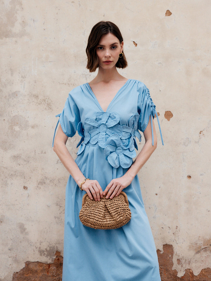 Çiçekli Bağcıklı V Yaka Uzun Elbise