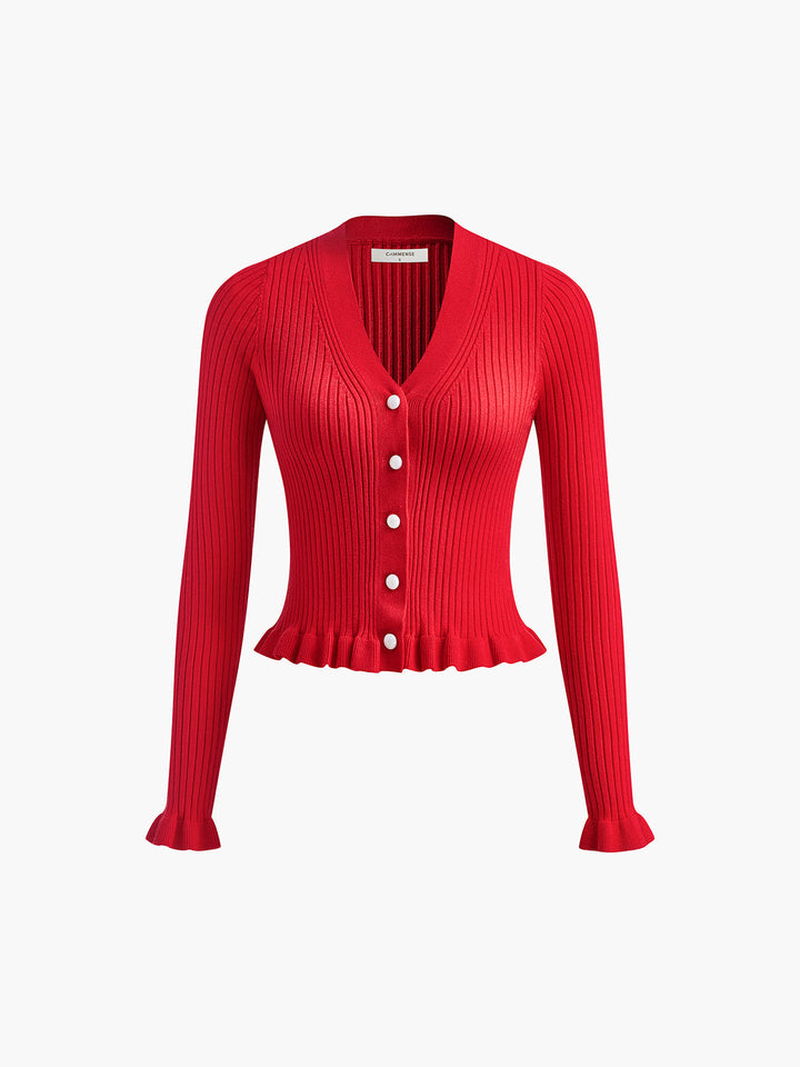 Fırfırlı Kenar İnci Düğmeli Uzun Kollu Hırka