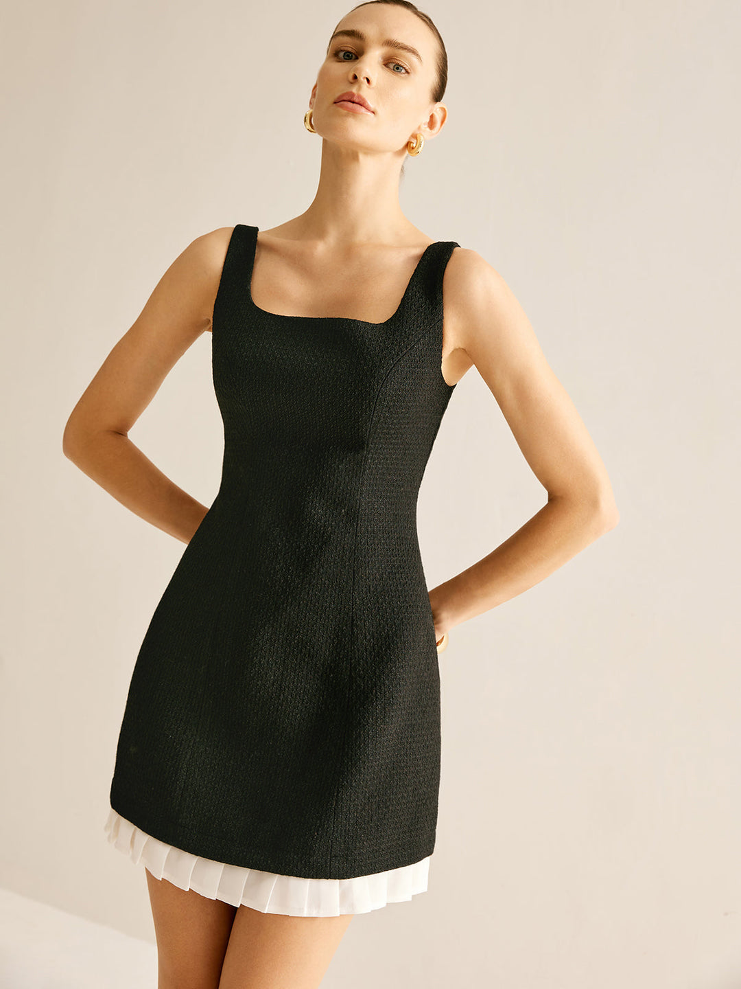 Pliseli Tweed Tank Kısa Elbise