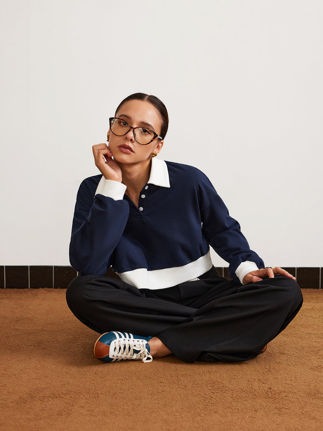 Patchwork Polo Kırpılmış Sweatshirt