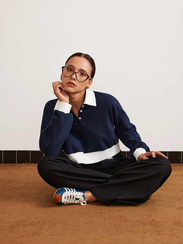 Patchwork Polo Kırpılmış Sweatshirt