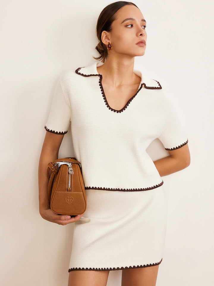 Kontrast Trim V Yaka Polo Örgü Üst