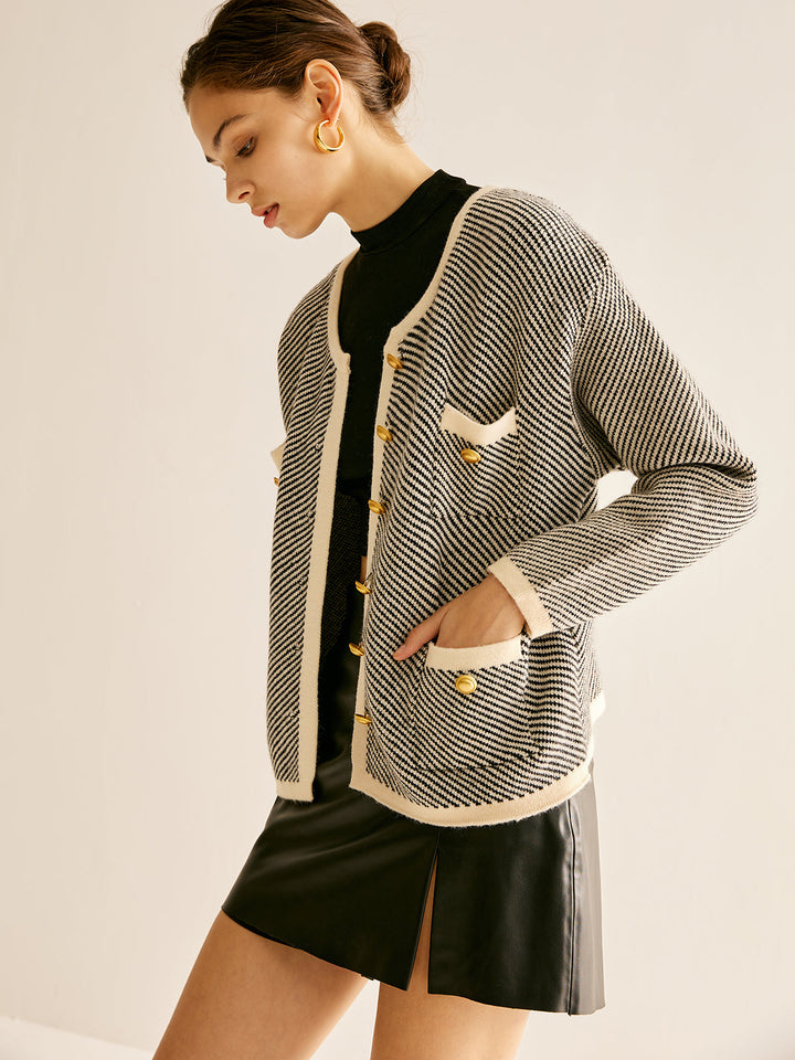 Kontrast Trim Cepli Örme Dış Giyim