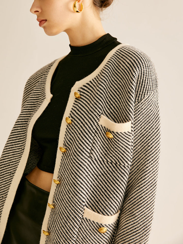 Kontrast Trim Cepli Örme Dış Giyim