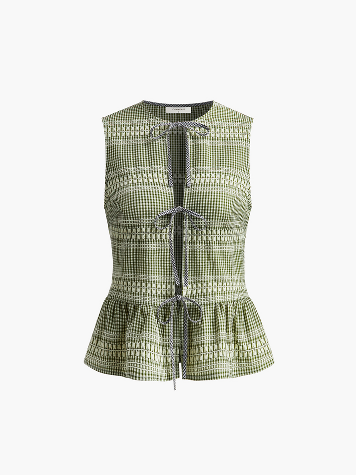 Ekose Ön Bağcıklı Volanlı Tank Top