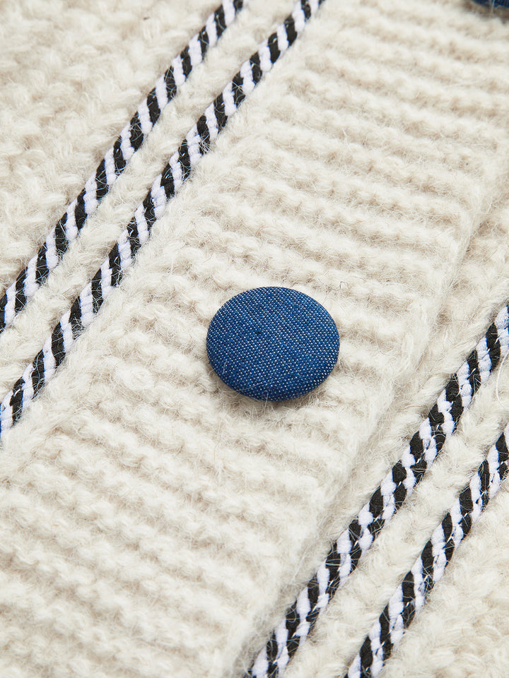 Kontrast Bağlamalı V Yaka Cepli Kardigan