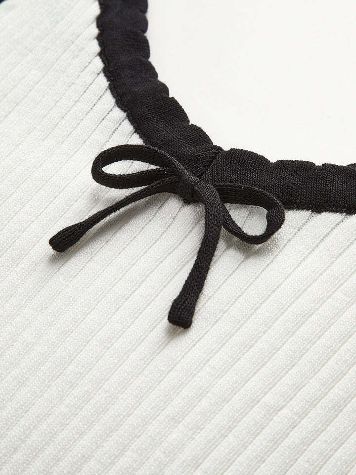 Kontrast Trim Fiyonklu Kırpılmış Kazak Yelek