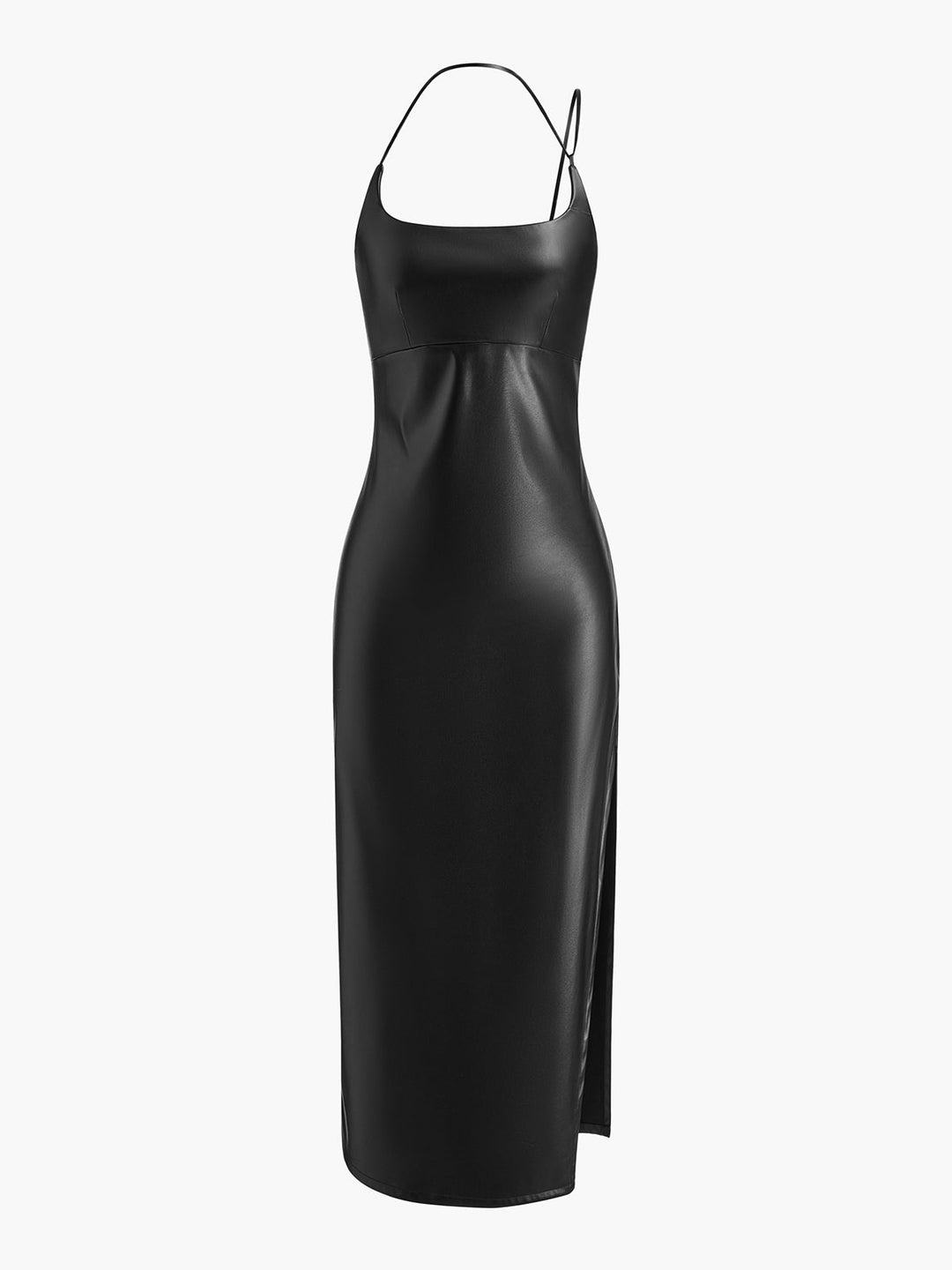 Yan Yırtmaçlı Pu Deri Askılı Elbise