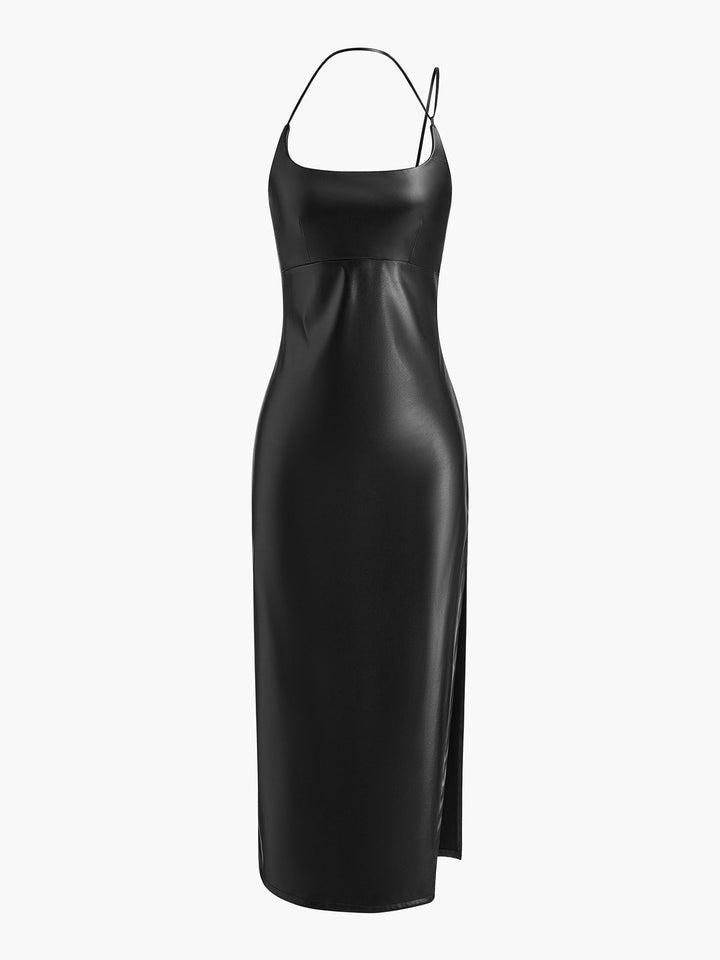 Yan Yırtmaçlı Pu Deri Askılı Elbise