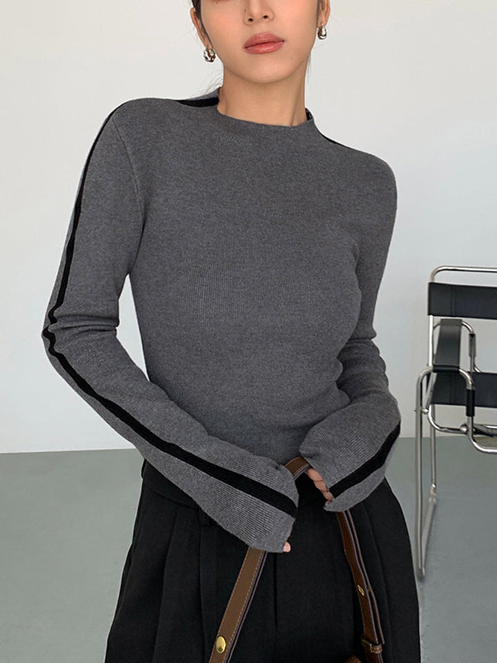 Yuvarlak Yaka Kontrast Kesim İnce Örgü Üst