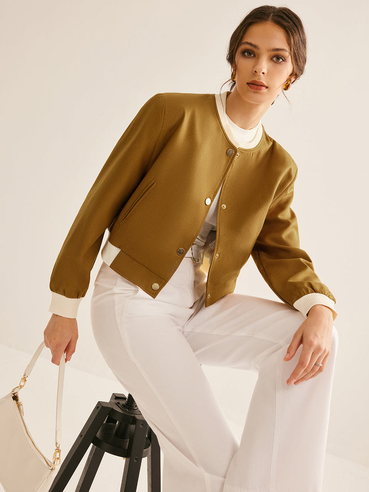 Büyük Boy Yuvarlak Yaka Kontrast Kesim Düğmeli Ceket