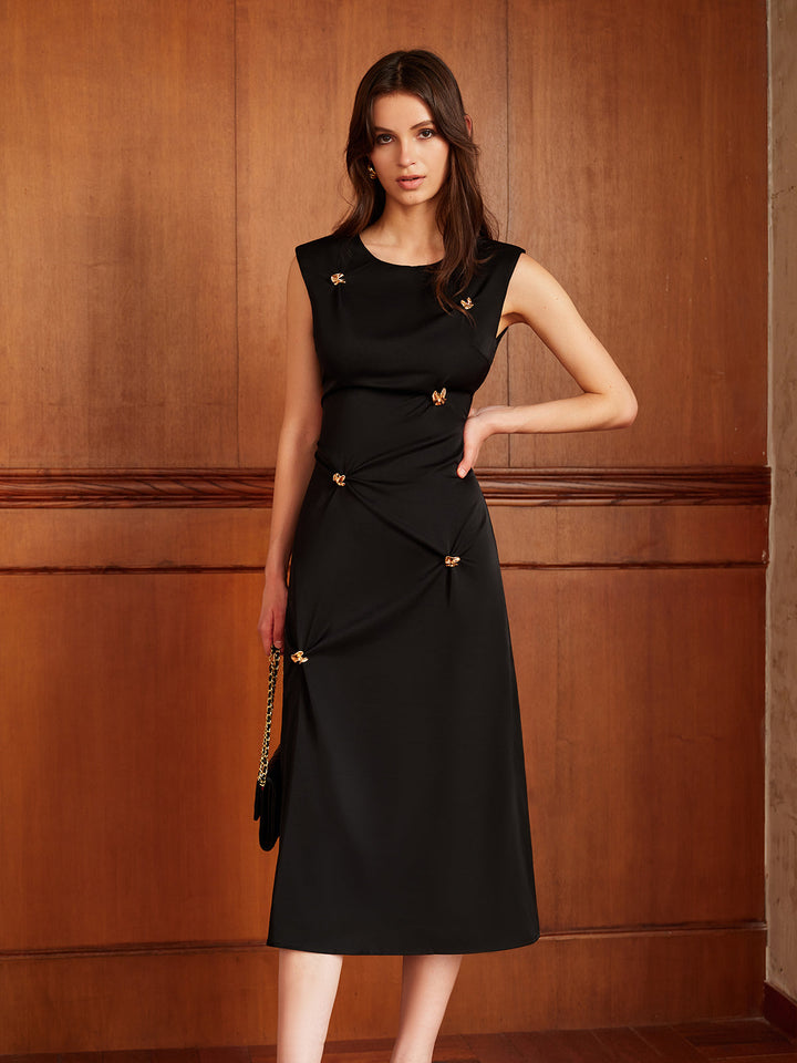 Metal Detaylı Sırtı Açık Pileli Tank Elbise