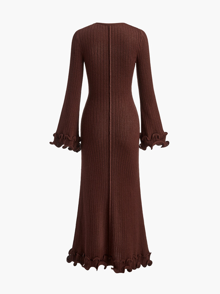 Yarı Şeffaf Kenarlı Volanlı Bağcıklı Örgü Elbise