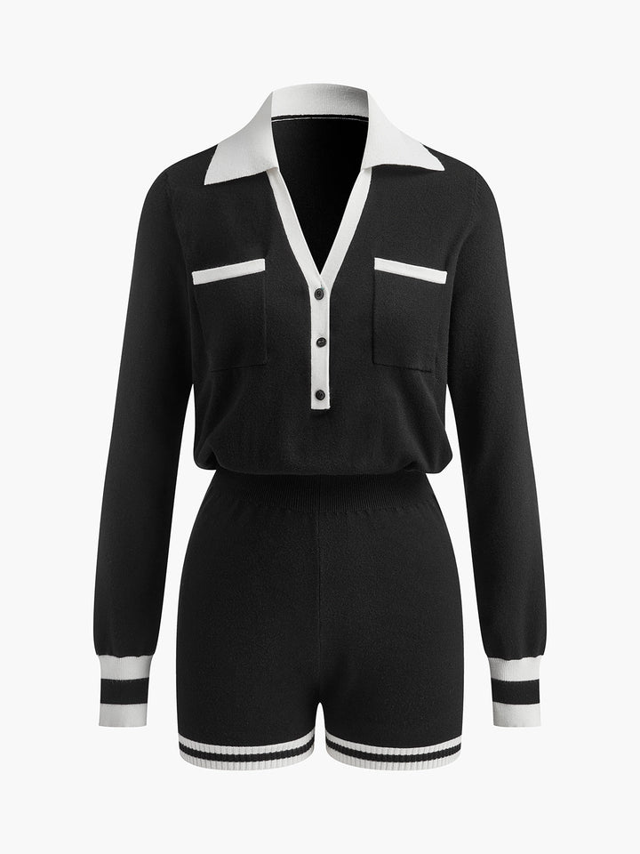 Kontrast Bağlamalı V Yaka Örgü Tulumlar