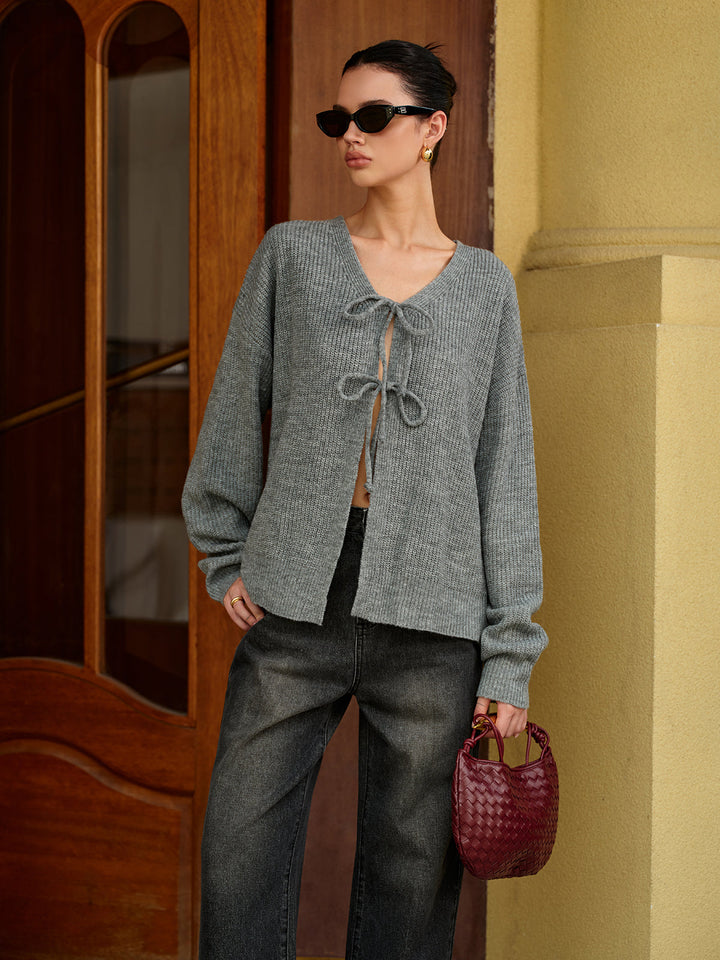 Yün Karışımlı V Yaka Önden Bağlamalı Hırka