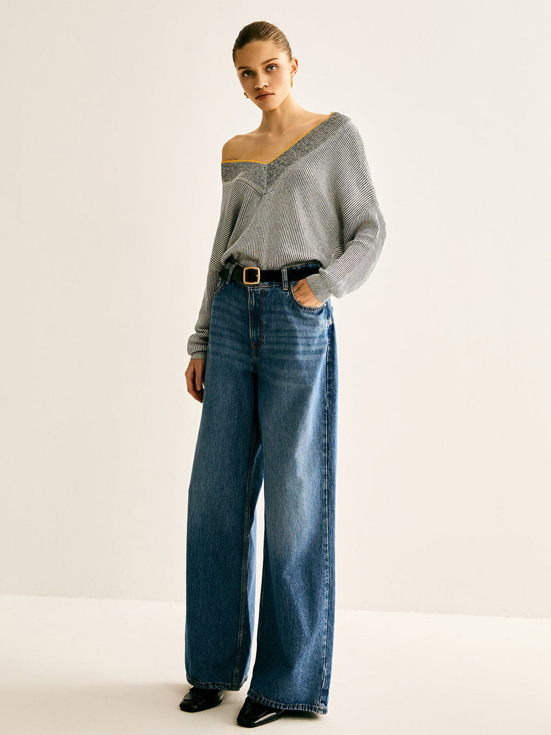 V Yaka İki Renkli Kaburga Örgü Üst