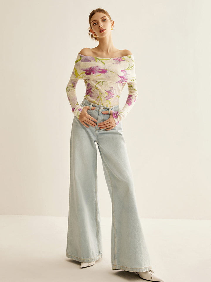 Romance Omuz Açık Baskılı Örgü Üst